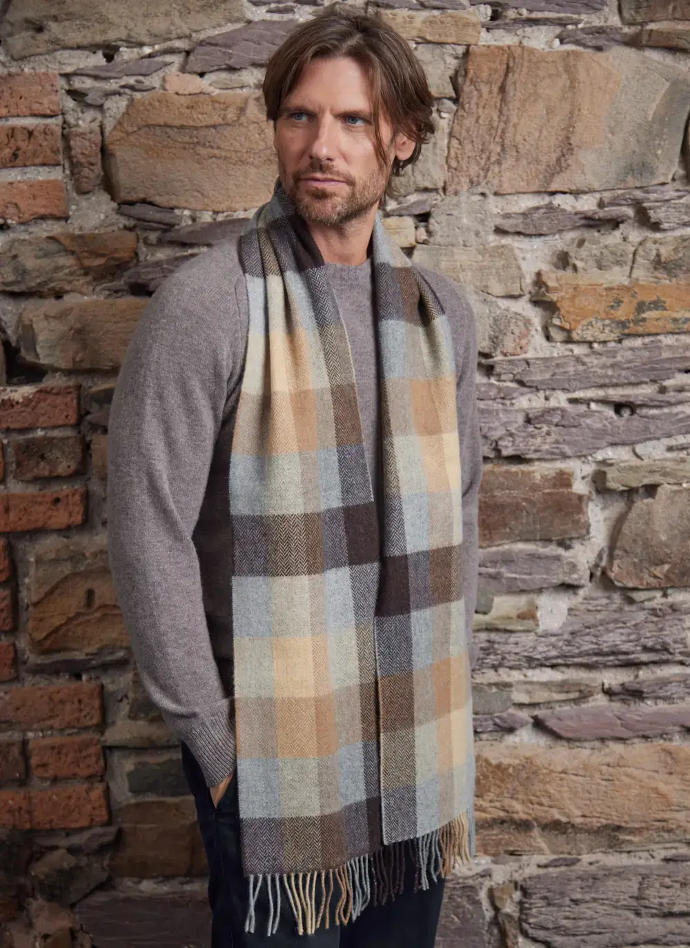 Long Lambswool Fringed Scarf in Brown Check